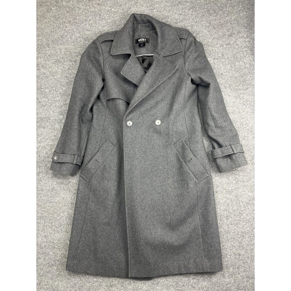 DKNY Coat Womens 10 Gray‎ Wool Blend Double Breasted Long Overcoat Notch Lapel